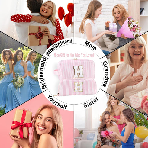 Makeup Bag Set 2pcs Spring Break Essentials Monogram Initial Cosmetic Bag Set Womens Toiletry Bag Nylon Skincare Bag With Portable Handle and Pock...