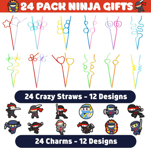 24 Ninja Drinking Crazy Straws for Kids | Ninja Themed Warrior Birthday Party Supplies Favors Decorations with 24 PVC Charm, 2 Cleaning Brushes Re...
