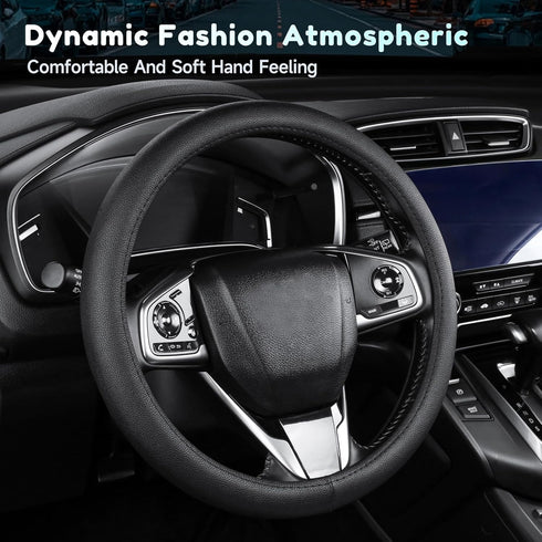 Black Leather Steering Wheel Cover?Classic Black?Anti-Slip, Safety, Soft, Breathable, Adaptable to 14.5-15 inches Steering Wheel...