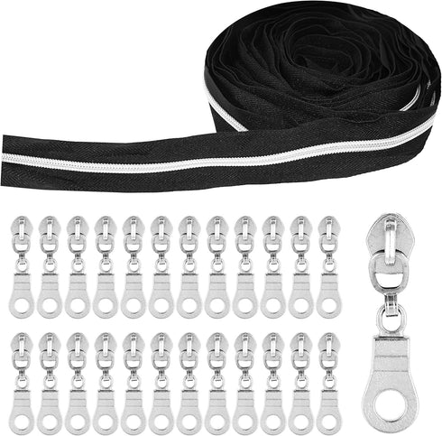 Mandala Crafts Metallic Silver Zipper Tape by The Yard #5 with Pulls - Black Nylon Coil Upholstery Zippers for Sewing - Continuous Zipper Chain 10...