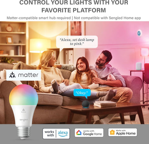 Sengled LED Smart Light Bulb (A19), Matter-Enabled, Multicolor, Works with Alexa, 60W Equivalent, 800LM, Instant Pairing, 2.4 GHz, Wi-Fi, 1-Pack...