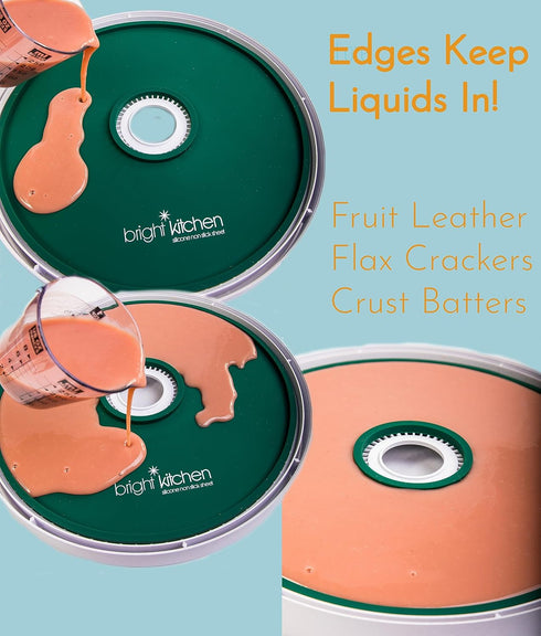 2 Fruit Leather Silicone Dehydrator Sheets with EDGES - NON-Toxic for Nesco Round Dehydrators Lip Mold Hold Batter Liquid Fruit Roll Up Fruit Leat...