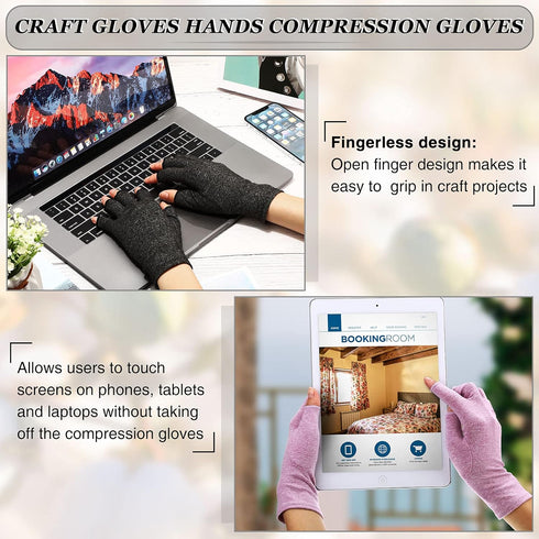 3 Pairs Compression Craft Arthritis Hands Gloves Fingerless Pressure Joint Relief for Quilting Sewing Typing Household Duties (Black, Gray, Purple...