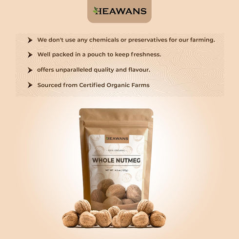 Heawans Organic Whole Nutmeg 4.5 oz, Premium Grade, Packed in a stand up resealable pouch....