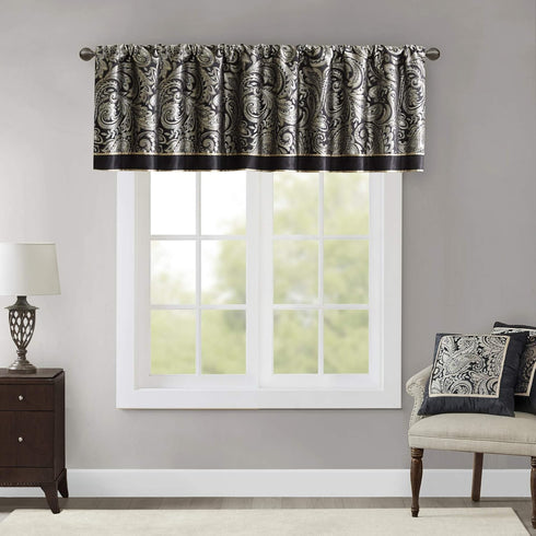 Madison Park Aubrey Jacquard Rod Pocket Valance , Classic Elegant Silk Paisley Valances for Windows , 50X18" , Black...