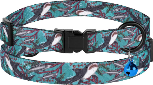 4PCS Breakaway Cat Collars with Bell, Cute Kitty Adjustable Safe Kitten Collars, 4-Pack, Nylon Pet Collars Space Mushrooms Shark Birds Print (Natu...