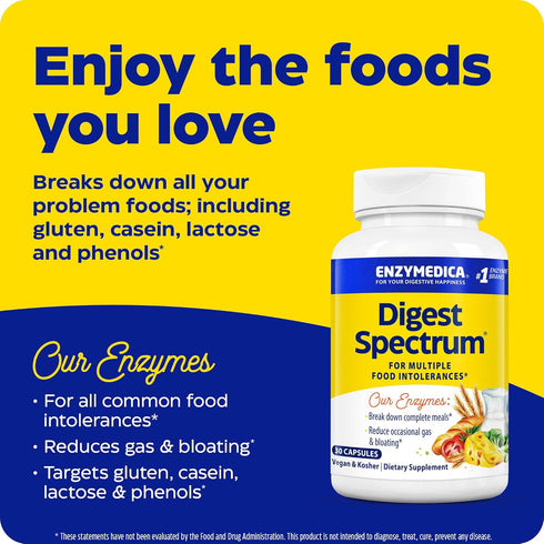 Enzymedica Digest Spectrum, Digestive Enzymes for Multiple Food Intolerances, Offers Fast-Acting Gas & Bloating Relief, 30 Count...