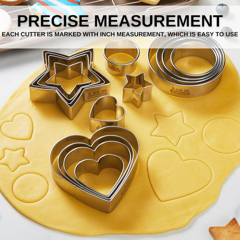 15 PCS Cookie Cutters Set, Biscuit Cutter, Cookie Cutter for Baking, Dough Cutter, Stainless Steel Stamps of Round, Heart, Star for Out Pastry Dou...