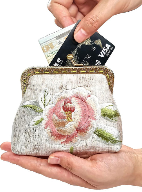Embroidery Floral Buckle Coin Purse Kiss Lock Wallet(white-1)...