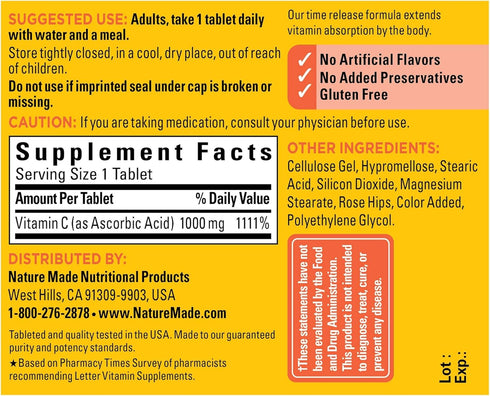 Nature Made Vitamin C 1000 mg Time Release Tablets with Rose Hips, 60 Count to Help Support the Immune System...