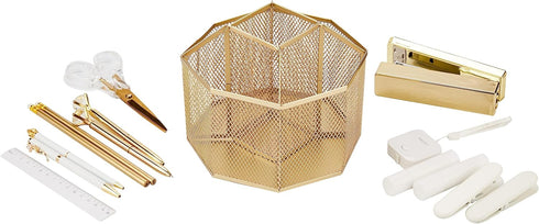 Annova Mesh Desk Organizer Rotate with 5 Compartments Spinning Tidy Candy/Pen Holder Office, Art Supply, Storage, Classroom, Home (Gold)...