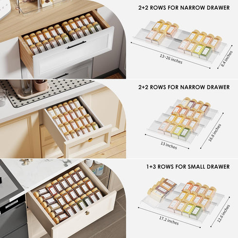 Spice Drawer Organizer, 4 Tier Clear Acrylic Expandable From 13" to 26" Seasoning Jars Drawer Insert, Kitchen Drawer Spice Rack Tray for Cabinet/C...