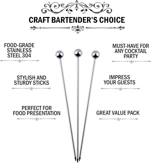 Cocktail Picks Stainless Steel Toothpicks - (24 Pack / 8 Inch) Martini Picks Reusable Fancy Metal Drink Skewers Garnish Sticks for Martini Olives ...