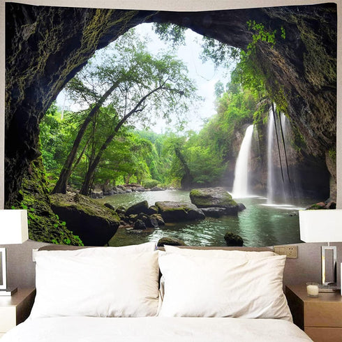 FENDROM Green Misty Forest Tapestry Wall Hanging Nature Mountain Cave Landscape Tapestry Waterfall River Tapestries for Bedroom Living Room Dorm D...