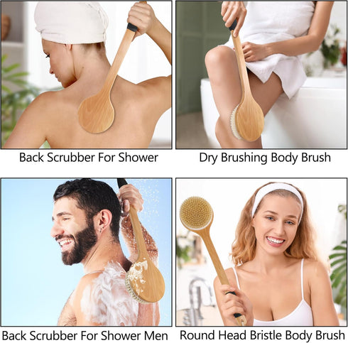 OWIIZI Round Head Back Scrub Brush for Body Shower, Wooden Long Handle Bristles Tub Soaping Bath Brushes, Skin Exfoliator Scrubber Brush for Men W...
