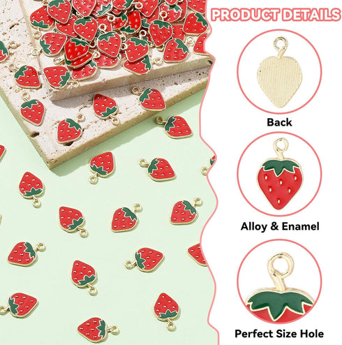 DanLingJewelry 100 pcs Gold Plated Strawberry Charms Enamel Charms Pendants for Jewelry Making or DIY Crafts...