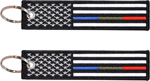 Thin Blue Green Red Line American Flag Keychain Tag with Key Ring & Carabiner 2-Pack - Police, Military, Firefighters...