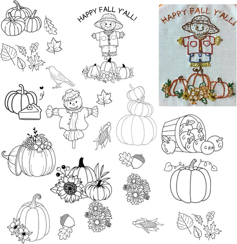 Fall Autumn Pumpkin Ready-to-Use Embroidery Design Transfers on Stick and Stitch Water Soluble Sewing Stabilizer Paper for Hand Embroidery Kit Thr...