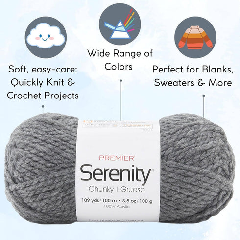 Premier Yarns Serenity Chunky Solid Smoke 700-41 (3-Skeins - Same Dye Lot) Chunky Bulky #5 Acrylic Yarn for Crocheting and Knitting - Bundle with ...