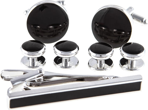 Black Designer Onyx Cufflinks & Studs & Tie Bar Tuxedo Set in Presentation Gift Box & Polishing Cloth...