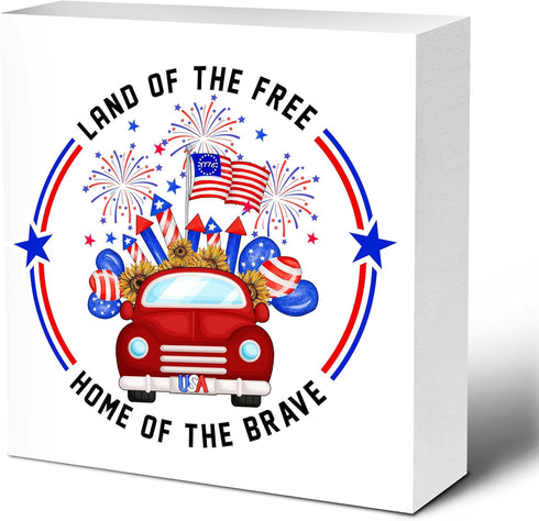 4th Of July Decor Box Sign For Independence Day Patriotic Decor 5x5 Inch Home Of The Brave Car Fireworks Balloons Flag Patriotic Wooden Block Plaq...
