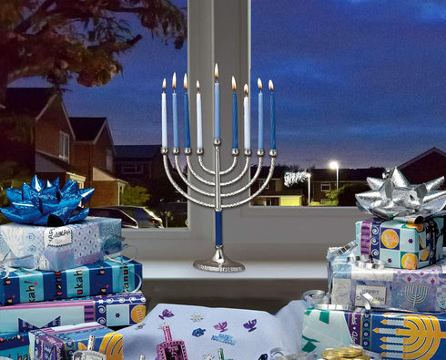 Rite Lite Classic Chanukah Menorah with Hammered Accents with Black & Silver - Hanukah Menorah (Blue & Silver)...