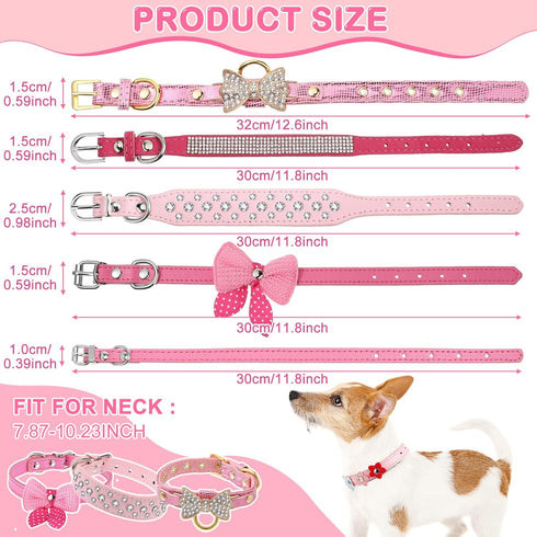 9 Pieces Pink Rhinestones Dog Collar PU Leather Girl Puppy Collars Bling Crystal Cat Dog Collar with Bow Bone Heart Flower for Pets Dogs Cats Coll...