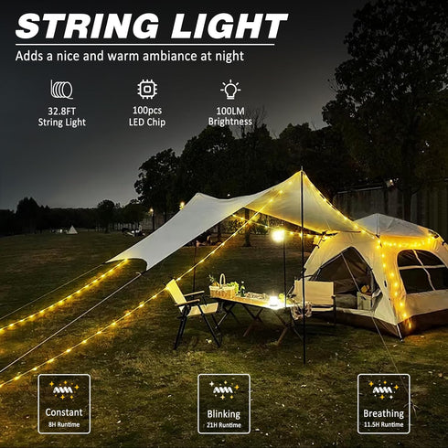 1-Pack Camping String Light w/Lamp, 32.8FT Rechargeable Waterproof LED Hanging Light for Outdoor Camping Awning Tent Garden Party Festival Decor...