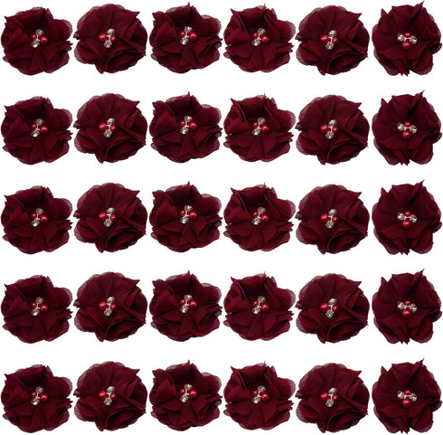 30pcs Rhinestone Chiffon Flower 2" Sewing Fabric Appliques for Clothing Craft Party Wedding Decor Tassel Topper Decoration Gift Wrapping Headbands...