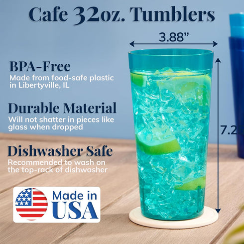 US Acrylic Café Plastic Reusable Tumblers (Set of 12) 32-ounce Iced-Tea Cups, Assorted | Value Set of Restaurant Style Drinking Glasses, Stackable...