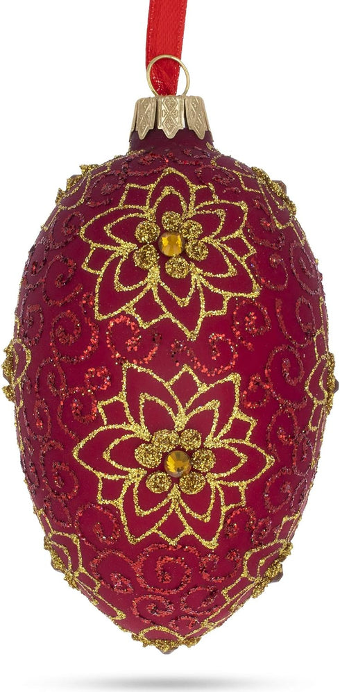 Golden Flower on Red Glass Egg Ornament 4 Inches...