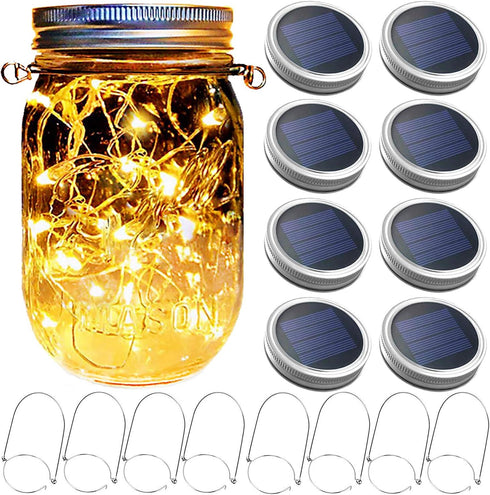 Mason Jar Solar Lantern Lights, 8 Pack 30 LED Bulbs Fairy Star Firefly Solar Lids Jar Lights,8 Hangers Included(No Jars),for Patio Garden Mason Ja...