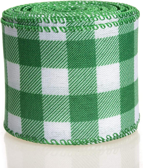 ATRBB Green and White Buffalo Plaid Ribbon Wired Edge Gingham Ribbon for St Patrick's Day Decoration and Bows Craft,10 Yards by 2.5 Inches...