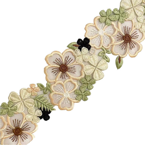 Organza 3D Flower Lace Trim, Green and Beige Embroidery Floral lace Ribbon for Dress/Wedding/Bridal DIY Sewing Decoration,2Yard...