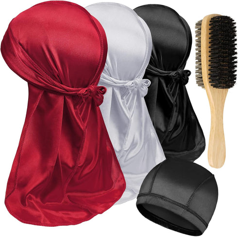 3PCS Silky Durag with Double Sided Brush Packs for Men Waves, Satin Doo Rag for 360 540 720 Waves, Award 1 Wave Cap...