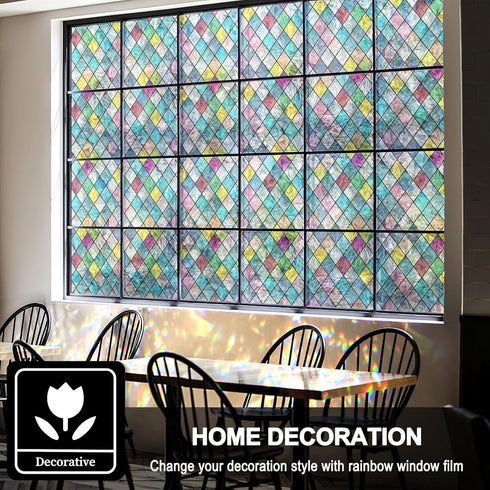 FEOMOS Stained Glass Window Film, Window Privacy Films, Colorful Lattice Window Tint, Rainbow Glass Decals Stickers for Home Anti UV 17.3 x 78.7 i...
