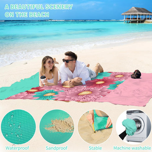 BYDOLL Beach Blanket Sandproof Waterproof 78''×81'' 1-4 Adults Floral Compact Lightweight Oversized Beach Blanket Large Picnic Mat Beach Blanket f...