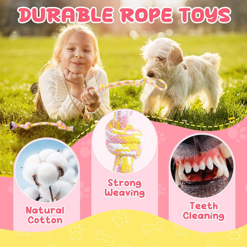 Pink Puppy Toys - 9 Pack Puppy Chew Toys for Teething, Interactive Dog Toys for Puppies, Small Dog Toys with Squeaky Dog Chew Toys, Treat Ball and...