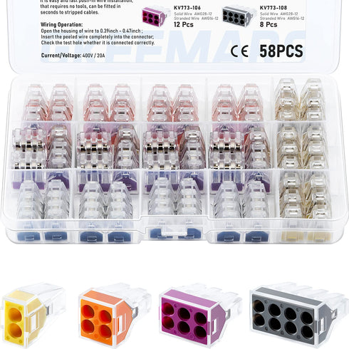 GKEEMARS 58 Pcs Push-in Wire Connector 773 2/4/ 6/8 Port Conductor Assortment Pack for Junction Box...