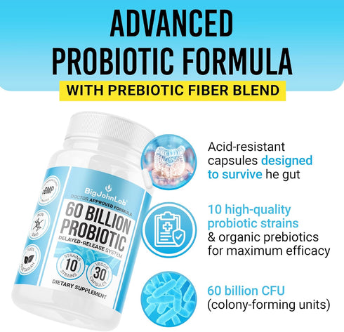BIGJOHNLAB® Probiotics 30capsules 1month supply Women & Men 60 Billion CFU 10 Strains + Organic Prebiotics Immune, Digestive Gut Health Supports O...