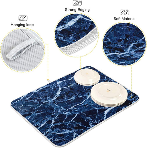 Super Absorbent Dish Drying Mat, Microfiber Fast-Drying Dish Mat, 16" x 18, Kitchen Dish Drying Pad, Navy Blue Marble…...
