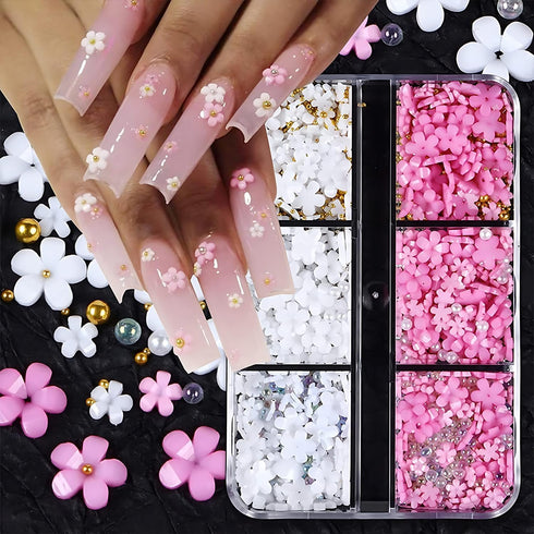 Flower Nail Charms Gems - WLGDLH 1 Box of 2 Colors Cute Kawaii 3D Nail Charms Resin Acrylic Nail Rhinestones Pearl Glitter Charms for Nail Art DIY...