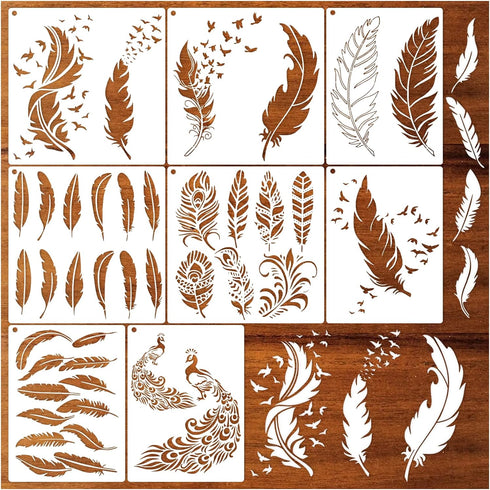Feather Stencils for Painting on Wood, Peacock Stencils for Crafts Reusable Wood Burning Drawing Art Paint Stencils and Patterns for Wall Cake Coo...