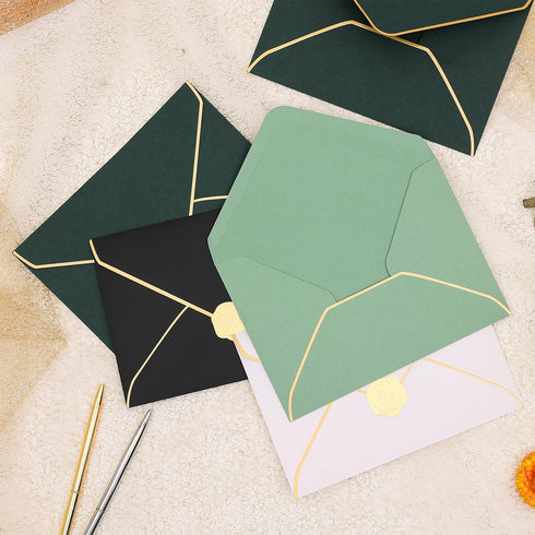 50 pcs Sage Green Envelope with V-Flap, Gold Border & Golden Sticker, 5 x 7 Self Adhesive Envelopes for Office, Invitation, Wedding, Graduation...