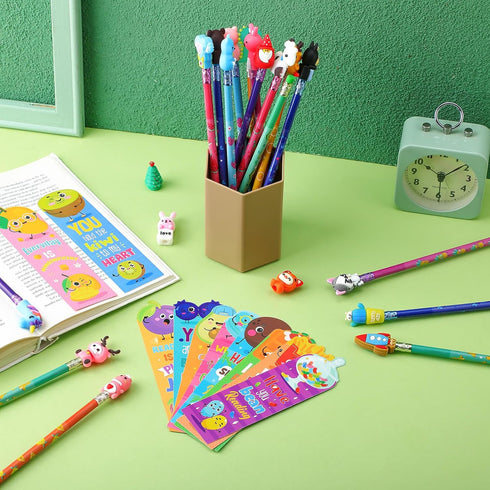 80 Pcs Scented Bookmarks and Scented Pencils with Cute Pencil Toppers Set Fun Pencils Fruit Food Theme Scratch and Sniff Bookmarks Cartoon Pencil ...