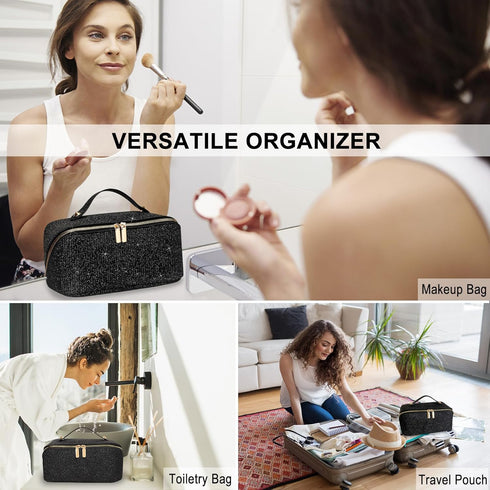CCidea Cosmetic Bag, Gifts for Women, Lay Flat Makeup Bag Organizer Waterproof Leather Makeup Pouch Cosmetic Travel Cases Toiletry Bags Sparkling ...