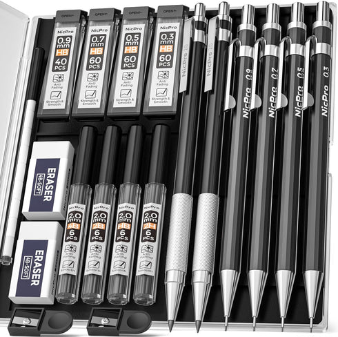 Nicpro 6 PCS Art Mechanical Pencil Set, Black Metal Drafting Pencil 0.3, 0.5, 0.7, 0.9 mm & 2PCS 2mm Graphite Lead Holder(4B 2B HB 2H) For Writing...