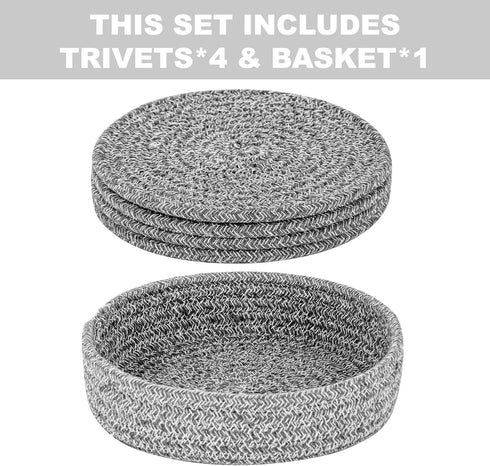 Trivets for Hot Dishes, Trivets for Hot Pots and Pans, Cotton Coasters 4 Pcs and Storage Basket 1 Pack, Pot Holders for Kitchen, Hot Pads for Tabl...
