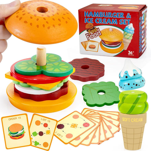 Bravmate Wooden Montessori Toys for 1 2 3 Years Old Kids, Realistic Burger & Ice Cream Toy, Stacking & Pretend Play for Little Chef, Preschool Pla...