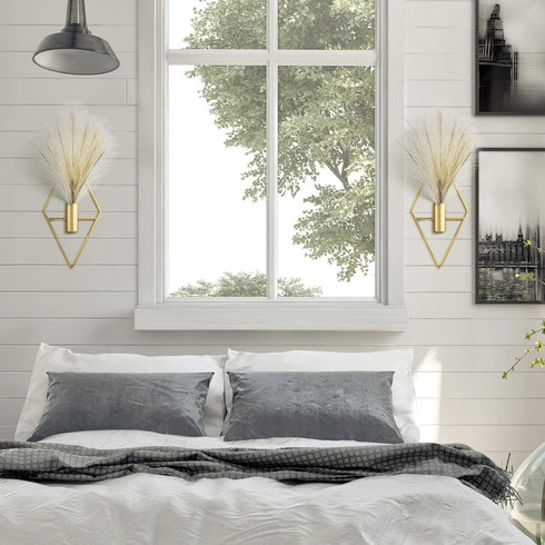 Peryiter 2 Pcs Small Boho Wall Decor Hanging Planters with Artificial Pampas Wall Mounted Metal Wall Decor Modern Home Decor Display Wall Art Bedr...